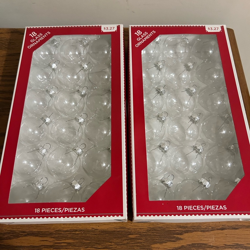 Two Sets Vintage 18 Holiday Time Small Clear Glass Ornaments/NIB